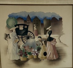 Vtg. Street Scene Flower Cart Newman Decor Watercolor Original Peters 1940’s /j