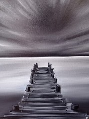 Original Painting Bridge Lake Sky Black White Art Landscape Oil 18 x 14 in