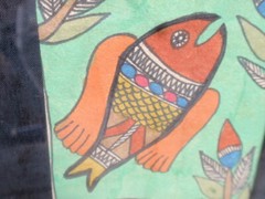 VINTAGE ORIGINAL FRAMED COLORFUL DRAWING PEACOCKS & FISH 25.5 X 7.5 INCHES