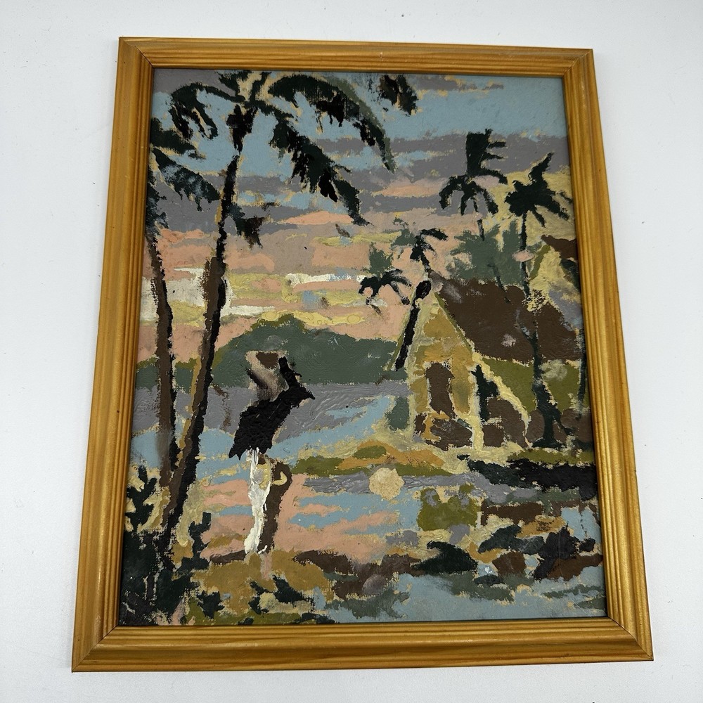Vintage Tropical Landscape Framed Painting Palm Trees Hut Island Scene Wall Art