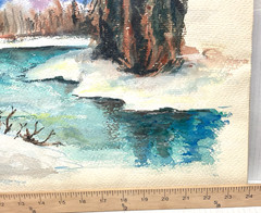 VTG Winter Landscape Watercolor Painting Signed St. Marianna. Forest River 24×18