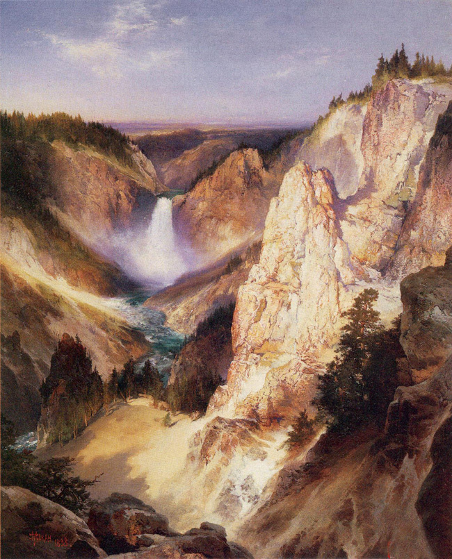 Art oil painting Thomas Moran – Great Falls of Yellowstone with creek landscape