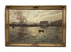 LEOPOLD BERAN INDUSTRIAL PORT SEASCAPE TONALIST MID CENTURY ANTIQUE OIL PAINTING