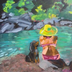 Dog by Lake Original Oil Painting 20×20 Quiet Nature Art Contemporary