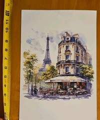 9.5 x 12.5 Watercolor Parisian cafe w/ Eiffel Tower in background, Matte paper
