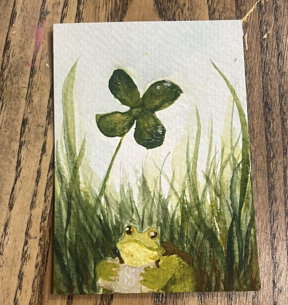 ACEO PRINT froggy’s adventure 1/2 lil frog clover Watercolor Painting 3.5×2.5