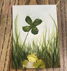 ACEO PRINT froggy’s adventure 1/2 lil frog clover Watercolor Painting 3.5×2.5