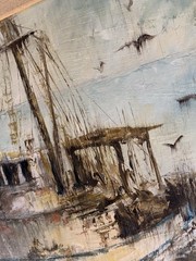 Original Oil On Board W J Edwards Signed Tuna Boat Painting MCM San Diego