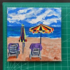 Beach Chairs Umbrella Painting Original Art Coastal Ocean Summer 8×8 in Florida
