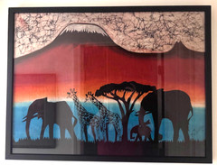 African BATIK Original TANZANIAN Art – Elephants, Acacia Tree & Mt Kilimanjaro