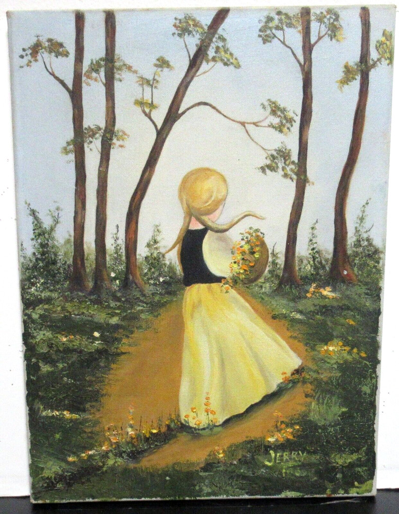 JERRY GIRL WITH FLOWER BASKET OIL ON CANVAS PAINTING UNFRAMED