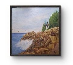 Original Maine Bass Harbor 10×10 Acrylic Painting Panel Home Decor