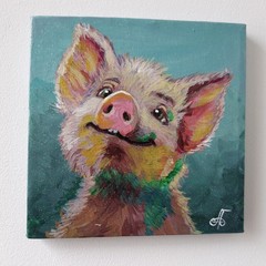Original Acrylic Painting Cute Happy Pig Portrait Small Hand Painted Canvas Art