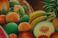 VTG FRAMED SIGNED ORIGINAL OIL TROPICAL FRUITS WITH BASKET ARTIST: ALFREDO REYES