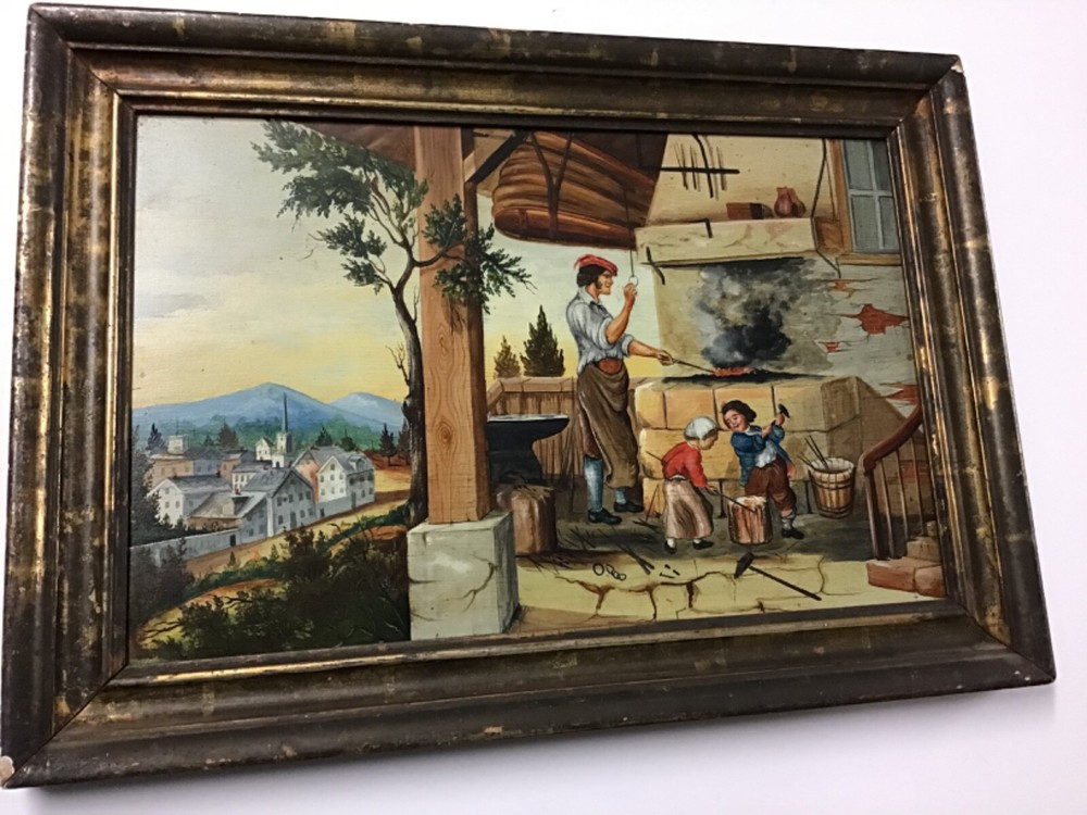 Antique Folk Art Oil/Wood Panel Blacksmith With Town in Background