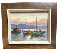 Vintage Oil Painting on Canvas MCM Nautical Harbor Fishing Boats Sunset Framed