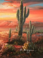 B Duggan SW Desert Sunset Original Oil on Canvas 10″L x 8″H Framed 15″W x 13″H