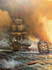 Naval Battle Tall Ships Armada Oil Painting Canvas 24×36 Signed G. Nelson