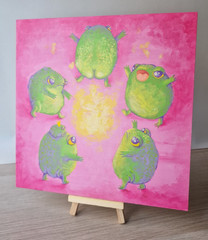 Original Acrylic Painting by MoonArtGlitch ~ Frogs dancing fire ~ Wood 25x25cm