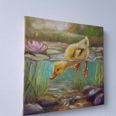 Diving Duckling Original Oil Painting Duck Pond Wildlife Animal Nature Art Gift
