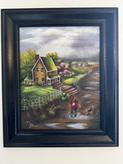 1966 Oil on Canvas Painting „After The Rain“ Signed Framed 18x 15 Boy Dog Moody