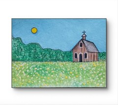 ACEO Original Old Barn Church Field of Flowers Acrylic & Pencil by Charlene Slie