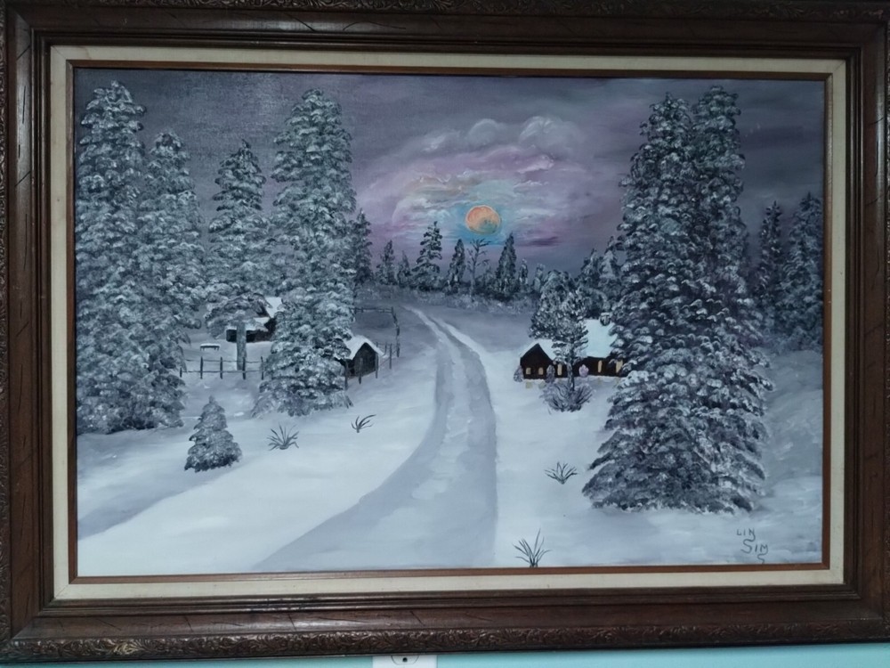 Oil Painting 44 X 31 Beautiful Winter Scene In A Nice Wood Frame Signed By Lin S