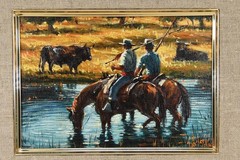 Francisco Sanchez Manso Mini Oil Painting Young Fishermen on Horses with Bulls