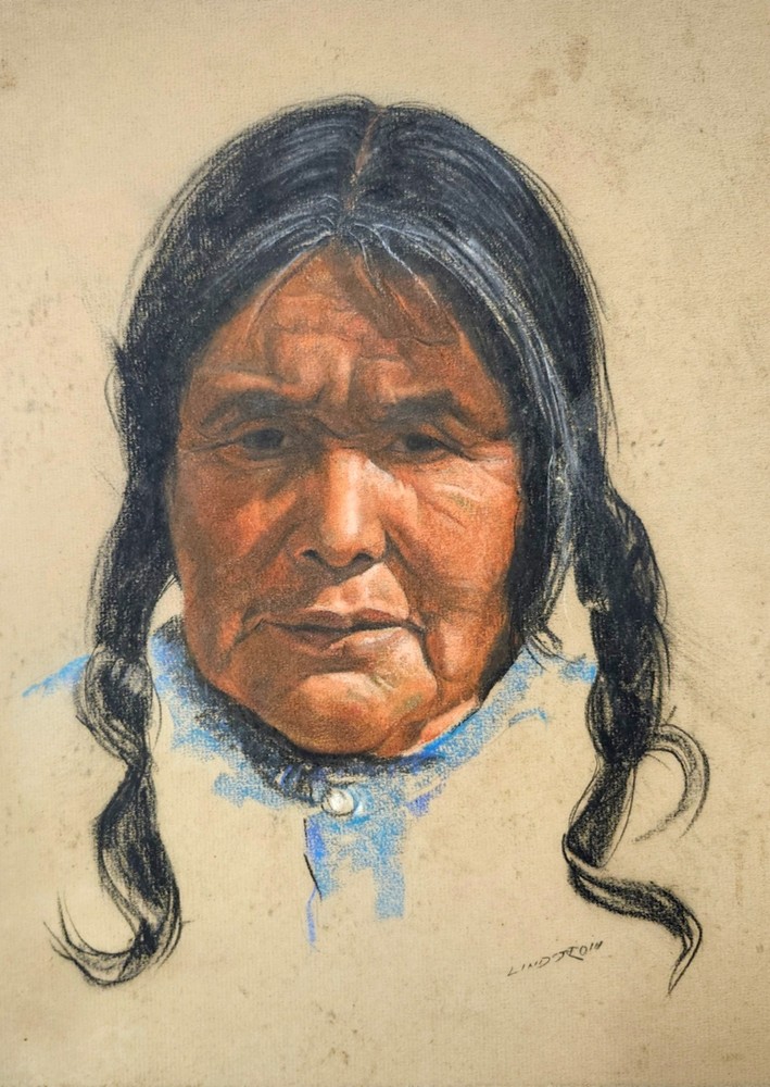 Original Hopi Indian Portrait Gaell Lindstrom (1919-2009) Framed Signed Listed
