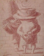 David LEVINE (ATTRIB) ANTIQUE ORIG CONTE STICK DRAWING 2 FIGURES on the STREET