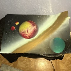 Abstract Spray Painted Outer Space Planets Painting on Paper, Medium, Handmade
