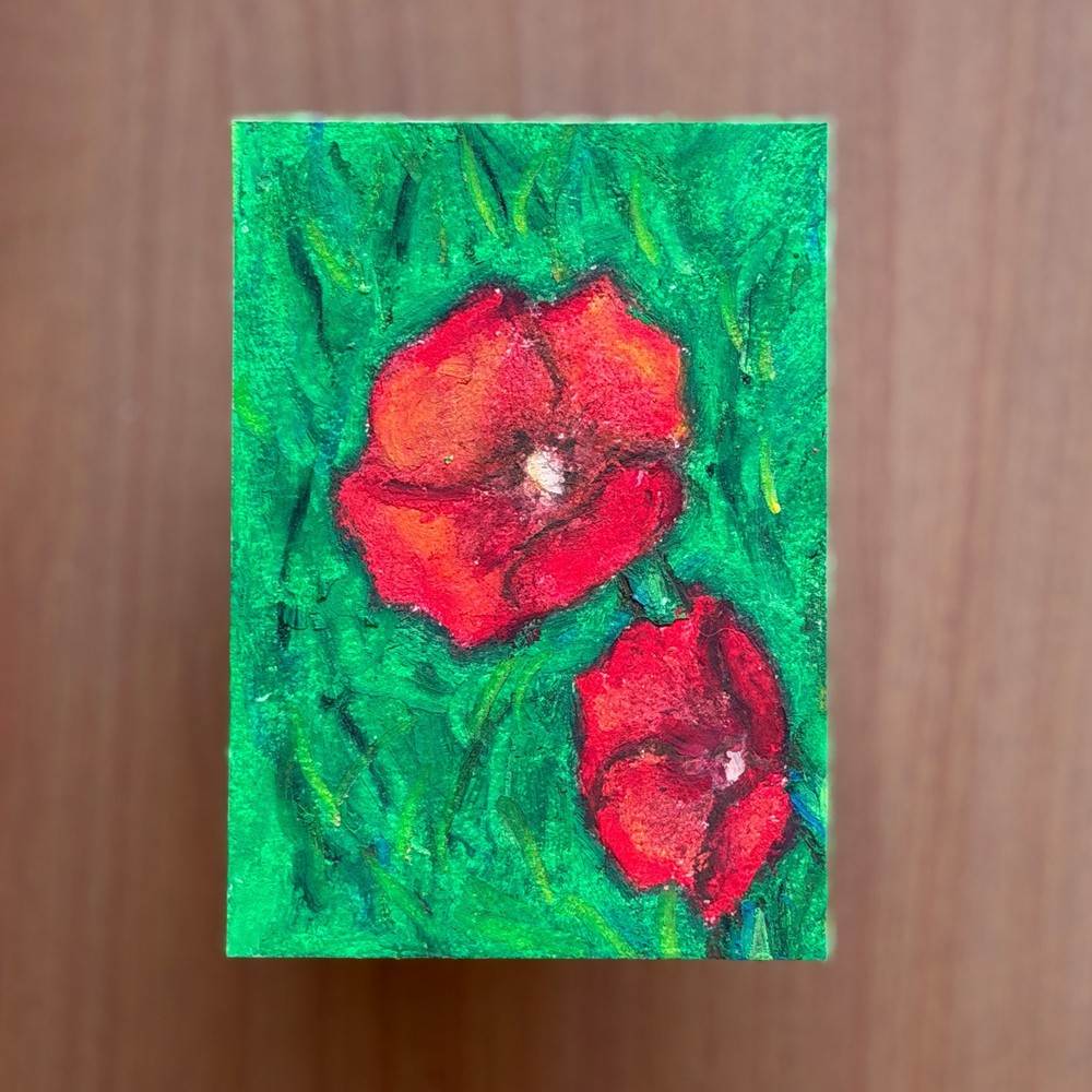 ACEO Original Floral Oil Pastel „Red Poppies“ Art 2.5″x3.5″