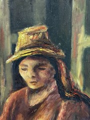 Maria Fernandez, 1985, Vintage Oil Painting, Woman with Basket