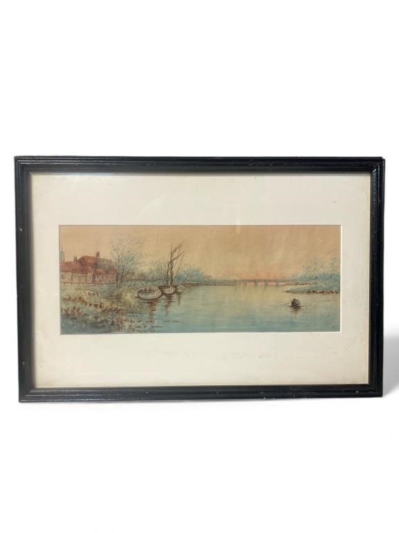 Lovely M.C. Watercolor bridge fishing in river scene art 11 5/8 x 17 1/2