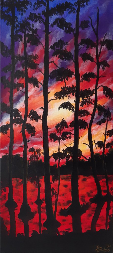 Louisiana Swamp Painting Cypress Original Art Sunset Landscape Art 27 by 12 in.