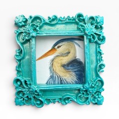 TEENY MINI • Blue Heron watercolor bird print in TINY ornate frame