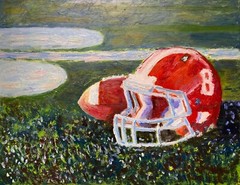 Captivating Oil Painting. Sports Game Arena Helm Football. Original. Signed Art