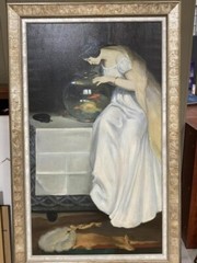 Fine Oil On Canvas Of Woman In Repose Admiring Her Fish Framed MOP