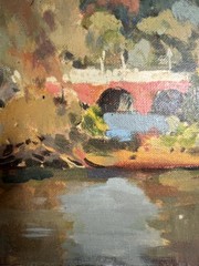 FRED D PENNY ST MARYS SEMINARY BRIDGE ILLINOIS LANDSCAPE VINTAGE OIL PAINTING