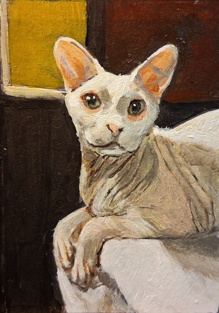 Original Miniature Painting ACEO Cat Hairless Sphynx Archie Bald by LGarcia