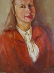 Portrait Lady Blonde Woman in Red Blouse Unreadable Signed Antique 1942
