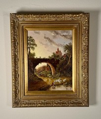 European Landscape Oil Painting Stone Bridge River Gilt Frame Signed Art