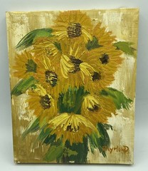Vtg Sunflower Original Signed Painting Yellow Impasto Floral Still Life 8×10