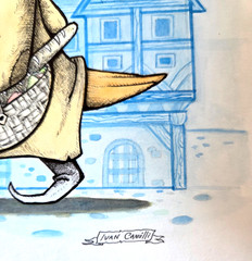 Bird with Baguette. Original ink and watercolor by Ivan Camilli