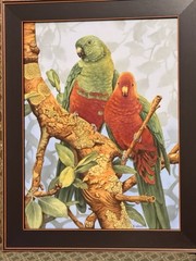 Hand Painted Parrots On Porcelain Tile by well known artist, Kiln-fired, framed.