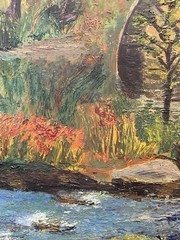Vintage Original Oil Painting Red Grist Mill Water Wheel Autumn Landscape Art
