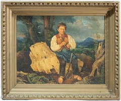 Stunning Antique Oil Painting of Male Portrait with Axe in Mountain Landscape