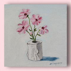 Original Oil Painting Pink Flowers Gold Frame Miniature Floral Art 4×4 Inch