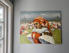 VTG Original 1950s Big Oil Painting Czech Folk Scene Signed -Style of Joza Uprka