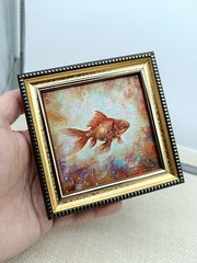 Goldfish Original Oil Painting 4×4 Framed Signed Gold Fish Animal Sea Wall Art